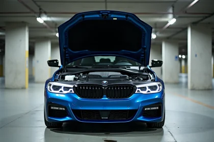 Moteur B47 BMW visible sous le capot d'une BMW Série 3 bleue garée dans un parking urbain, illustrant la fiabilité mécanique pour la revente
