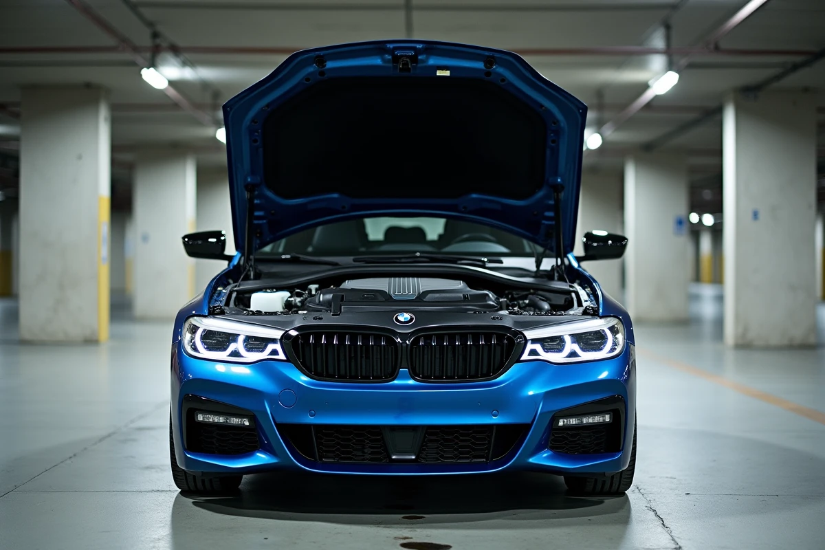 Moteur B47 BMW visible sous le capot d'une BMW Série 3 bleue garée dans un parking urbain, illustrant la fiabilité mécanique pour la revente