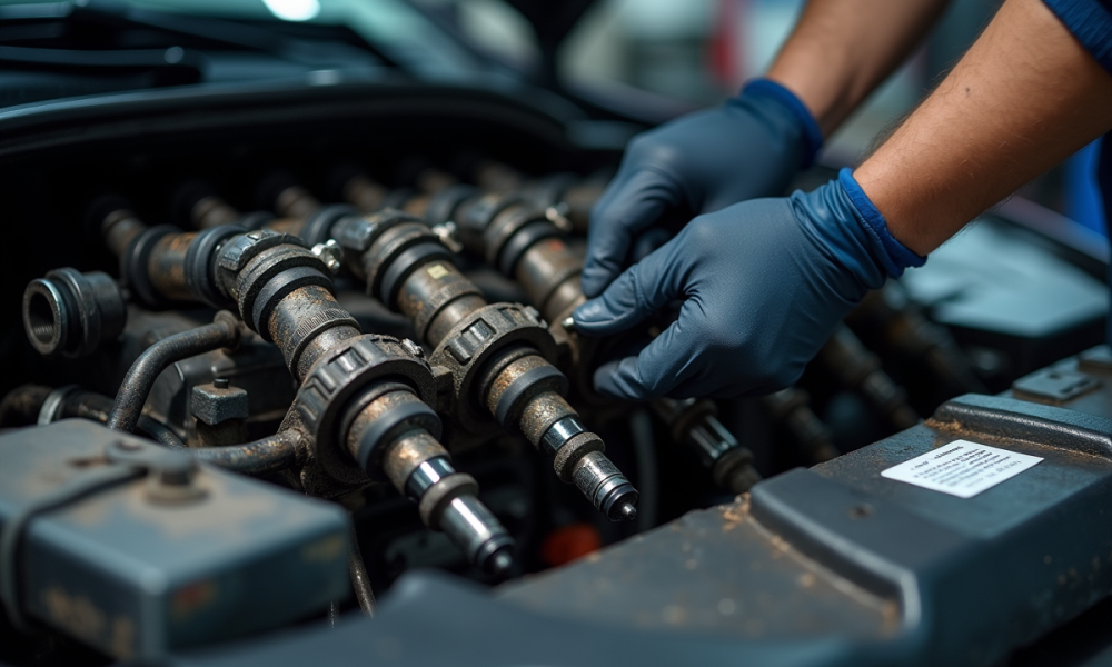 Moteur diesel en atelier avec mécanicien inspectant les injecteurs