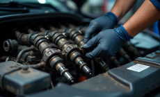 Moteur diesel en atelier avec mécanicien inspectant les injecteurs