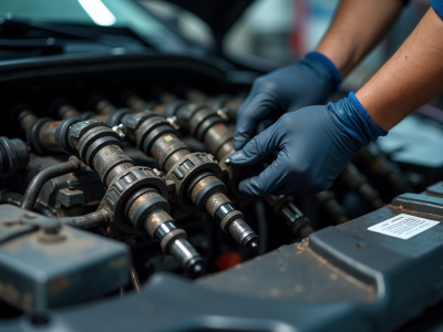 Moteur diesel en atelier avec mécanicien inspectant les injecteurs