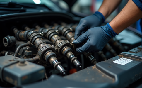 Moteur diesel en atelier avec mécanicien inspectant les injecteurs