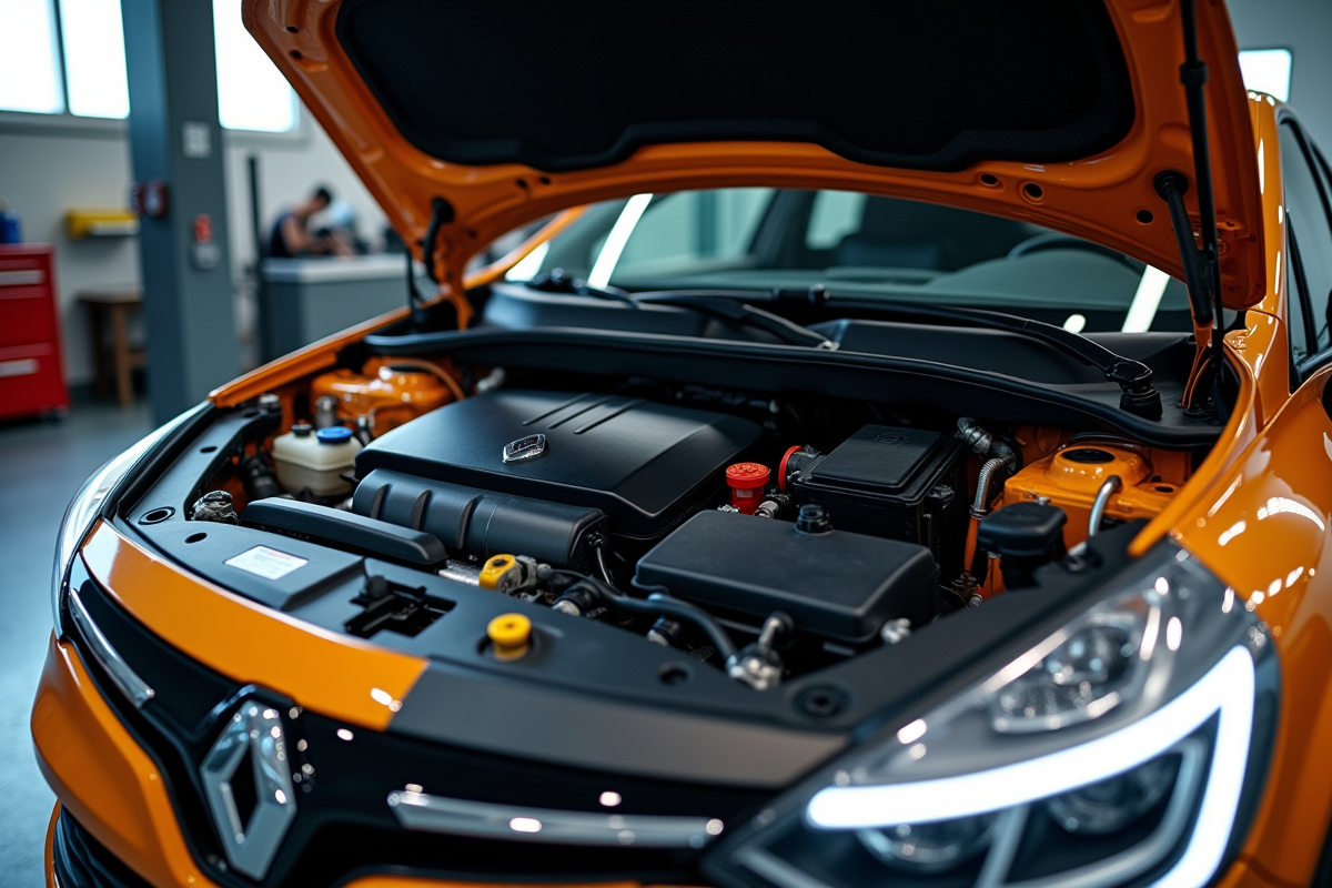 Moteur de Renault Clio 2 RS avec capot ouvert en atelier