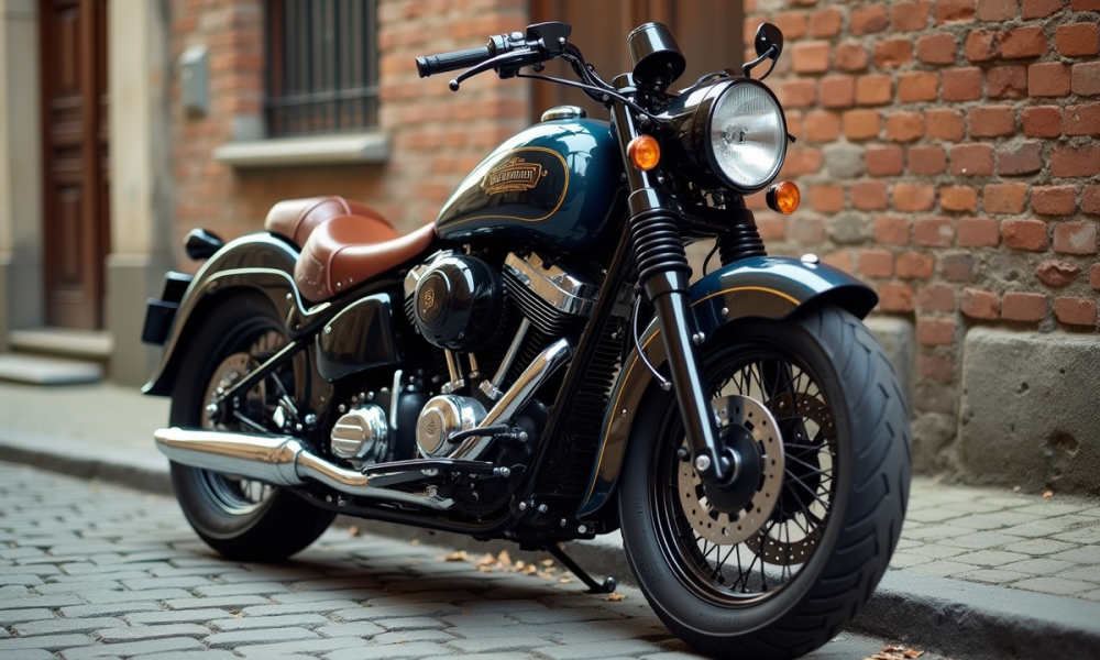 Moto vintage stationnee dans une rue pavée ancienne