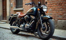 Moto vintage stationnee dans une rue pavée ancienne