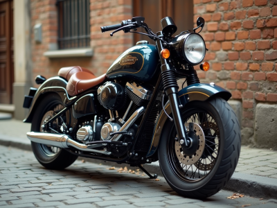 Moto vintage stationnee dans une rue pavée ancienne