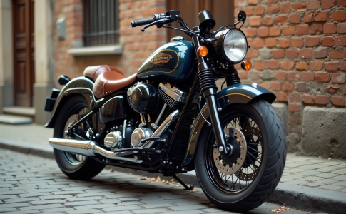 Moto vintage stationnee dans une rue pavée ancienne