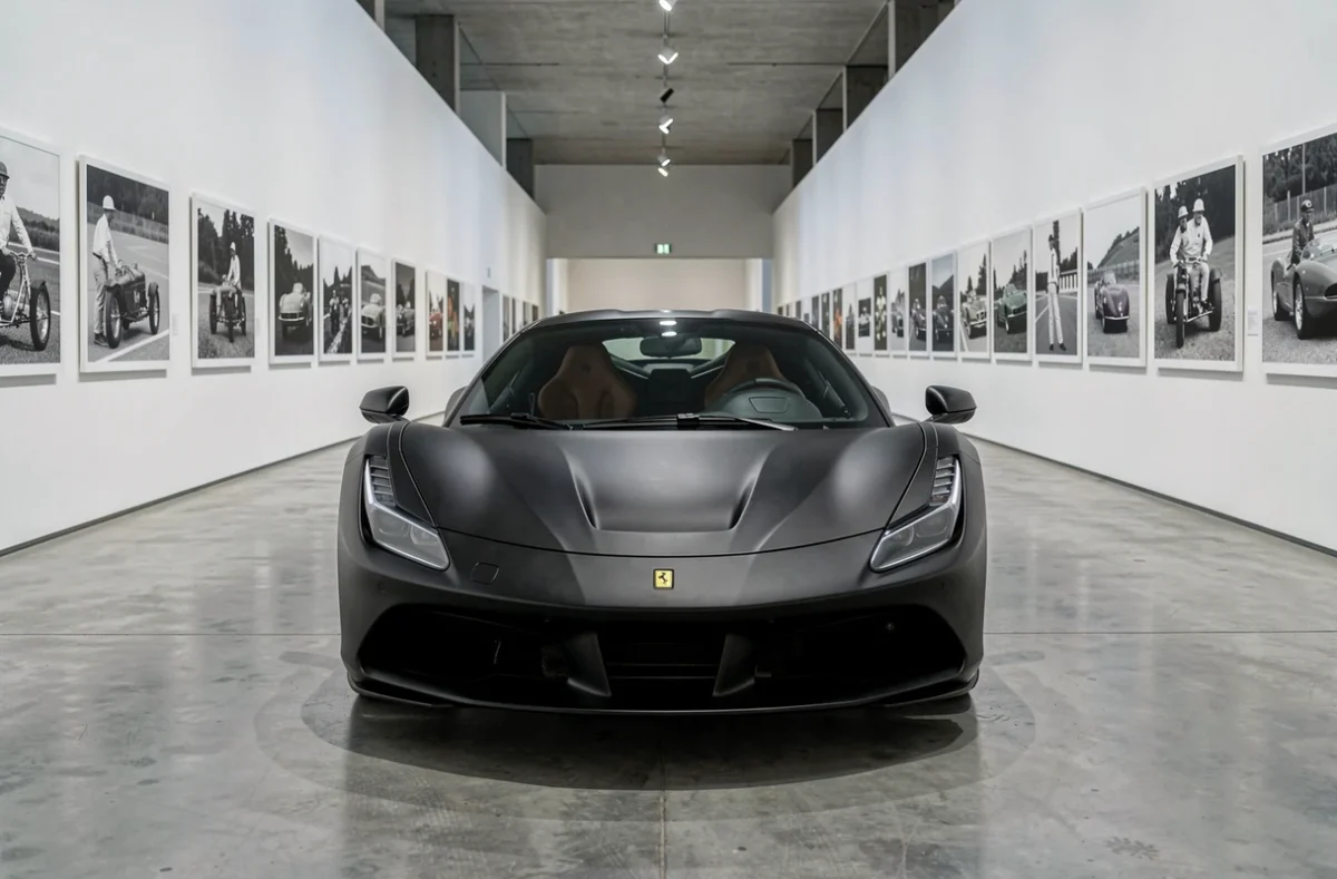 Ferrari F8 Tributo noire exposée au Museo Ferrari de Maranello entourée de photographies historiques d'Enzo Ferrari, retraçant l'origine et la légende de la marque italienne