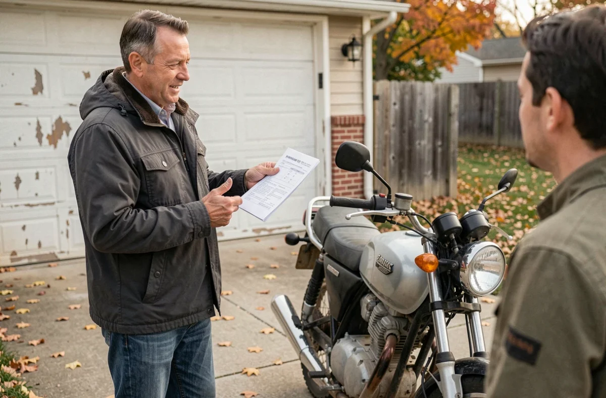 Vendeur de moto tenant un document de contrôle technique lors d'une négociation de prix avec un acheteur potentiel dans une allée résidentielle