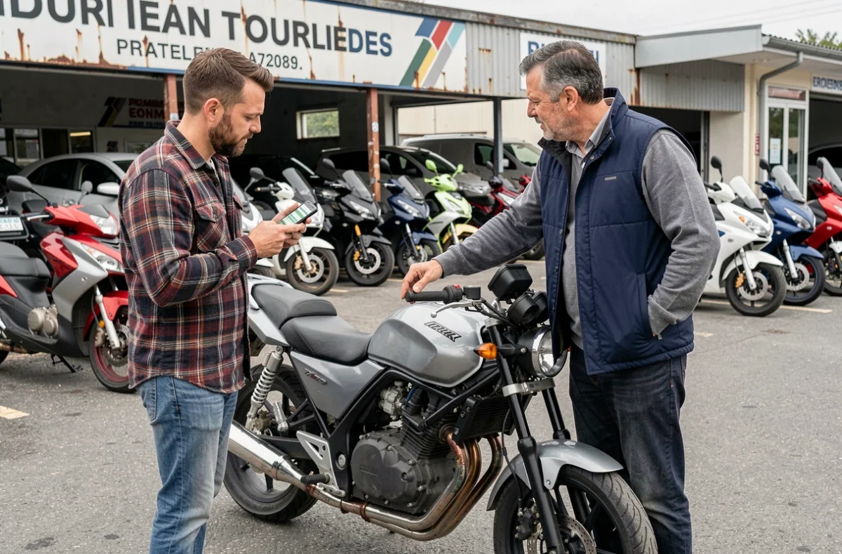 Deux hommes négociant le prix d'une moto en concession d'occasion, l'un consultant les prix en ligne et l'autre montrant un défaut mécanique sur l'échappement