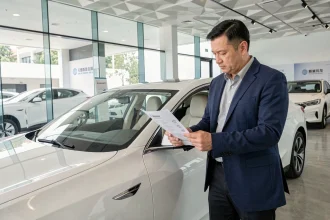 Un homme négociant le prix d'une voiture électrique de marque chinoise dans une concession automobile moderne en 2026