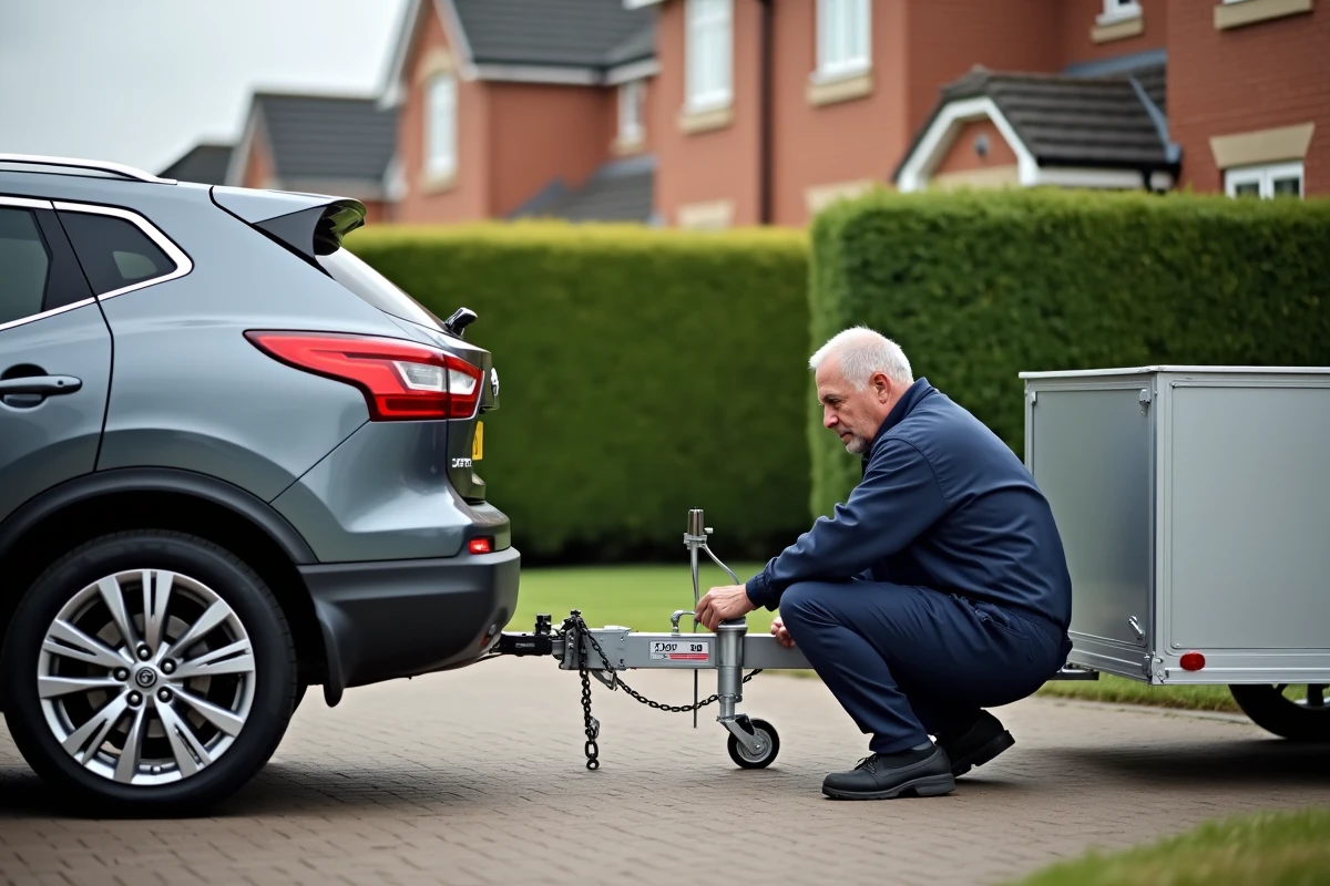 Mécanicien inspectant l'attelage d'un Nissan Qashqai gris avec remorque dans une allée résidentielle