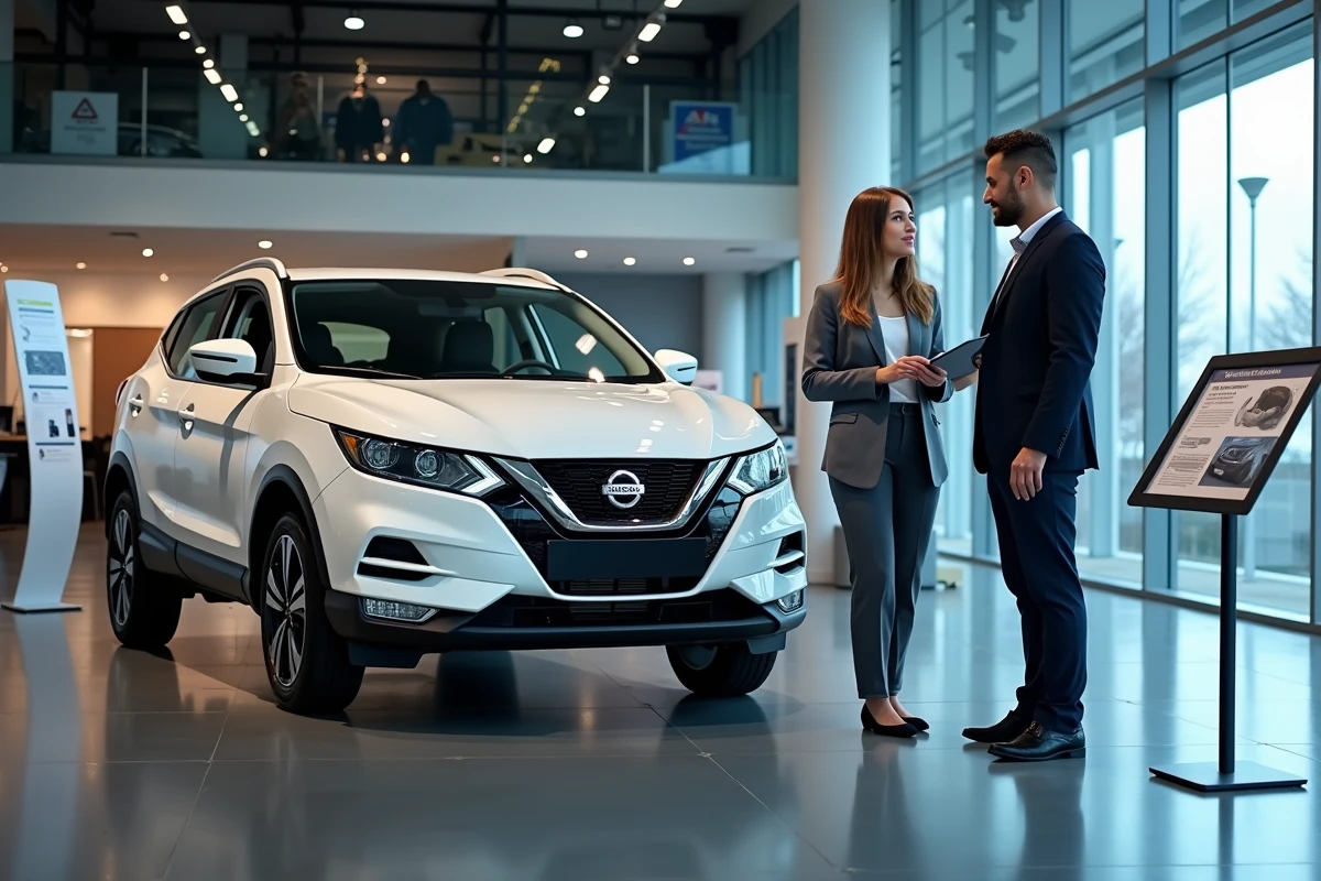 Conseillère présentant les motorisations du Nissan Qashqai hybride à un client dans un showroom automobile