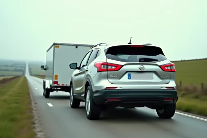 Nissan Qashqai attelé à une remorque sur une route rurale française, vue arrière trois quarts