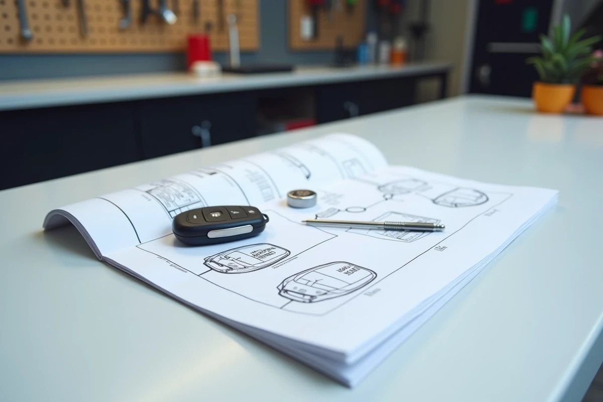 Notice papier illustrée pour le remplacement de la pile d'une clé Clio 4 posée sur un établi