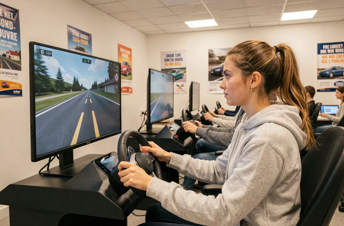 Élève utilisant un simulateur de conduite dans les locaux d'Objectif Conduite à Gond-Pontouvre