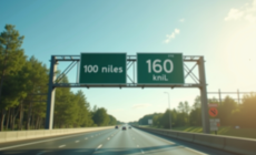 Panneau routier indiquant 100 miles et 160 km en plein jour