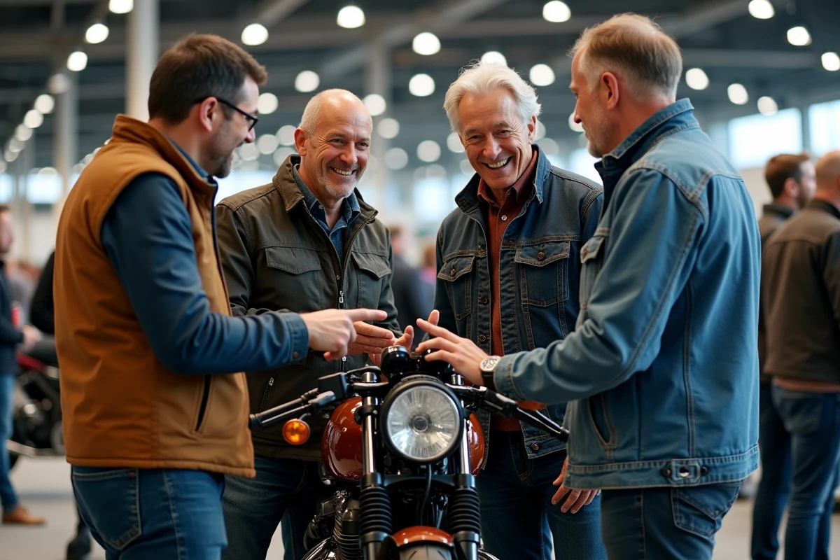 Groupe de passionnés de motos discutant autour d'un café racer rétro lors du salon EICMA 2026 à Milan
