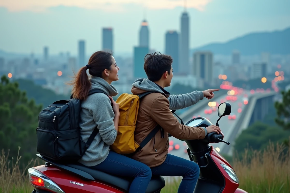Femme et adolescent en pause avec scooter sur fond de ville