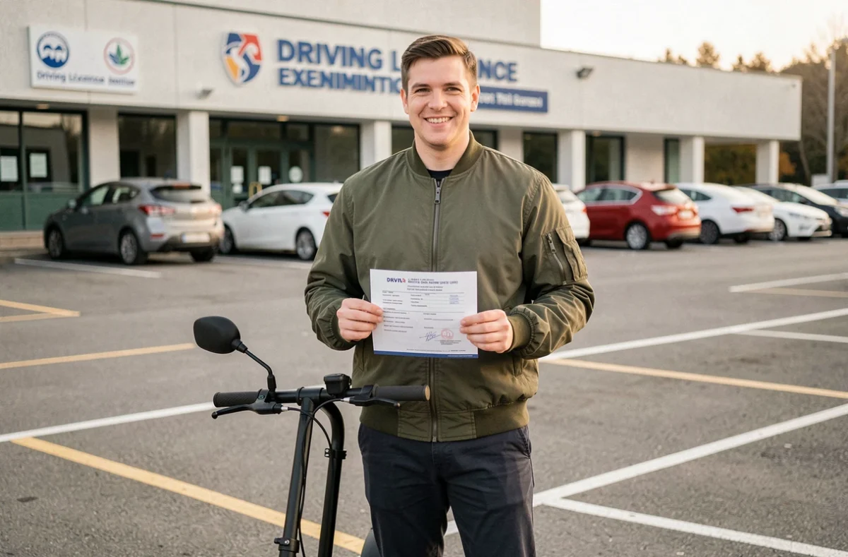 Jeune homme tenant un permis devant un scooter 3 roues dans un centre d'examen du permis de conduire
