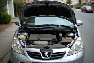 Capot ouvert d'une Peugeot 207 révélant le compartiment moteur avec capteurs et câblage visibles pour un diagnostic de perte de puissance