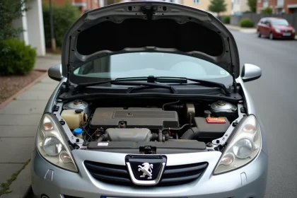 Capot ouvert d'une Peugeot 207 révélant le compartiment moteur avec capteurs et câblage visibles pour un diagnostic de perte de puissance