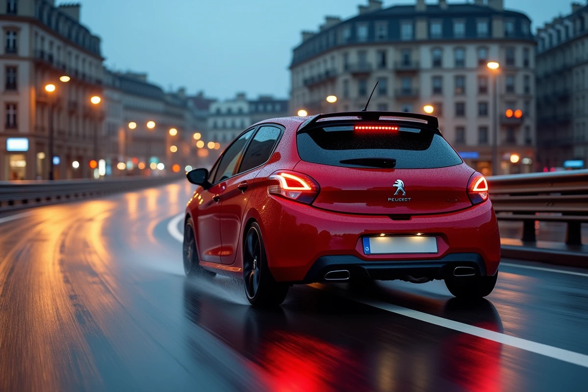 Peugeot 208 GTI rouge en pleine accélération dans un virage sur route urbaine mouillée au crépuscule, avec légère dérive et projections d'eau