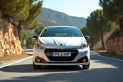 Peugeot 208 GTI blanche garée sur une route de montagne sinueuse, vue 3/4 avant mettant en valeur les étriers rouges et la carrosserie sportive