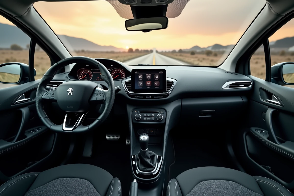 Intérieur de la Peugeot 208 avec tableau de bord i-Cockpit, volant compact et écran tactile central