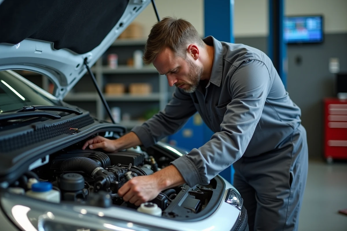 Mécanicien inspectant le moteur d'une Peugeot 208 dans un atelier automobile avec données techniques en arrière-plan