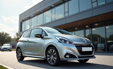 Voiture Peugeot 208 argentée devant un concessionnaire