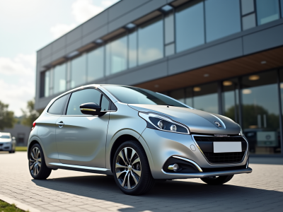 Voiture Peugeot 208 argentée devant un concessionnaire