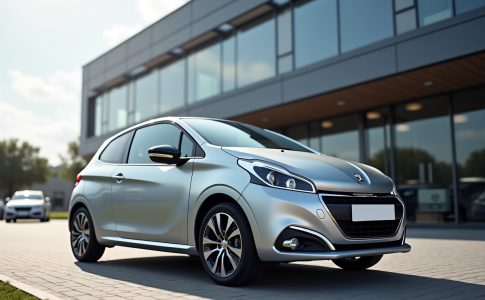 Voiture Peugeot 208 argentée devant un concessionnaire