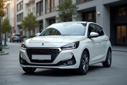 Peugeot 208 blanche stationnée en ville, vue trois quarts avant avec détails des feux LED et carrosserie sculptée