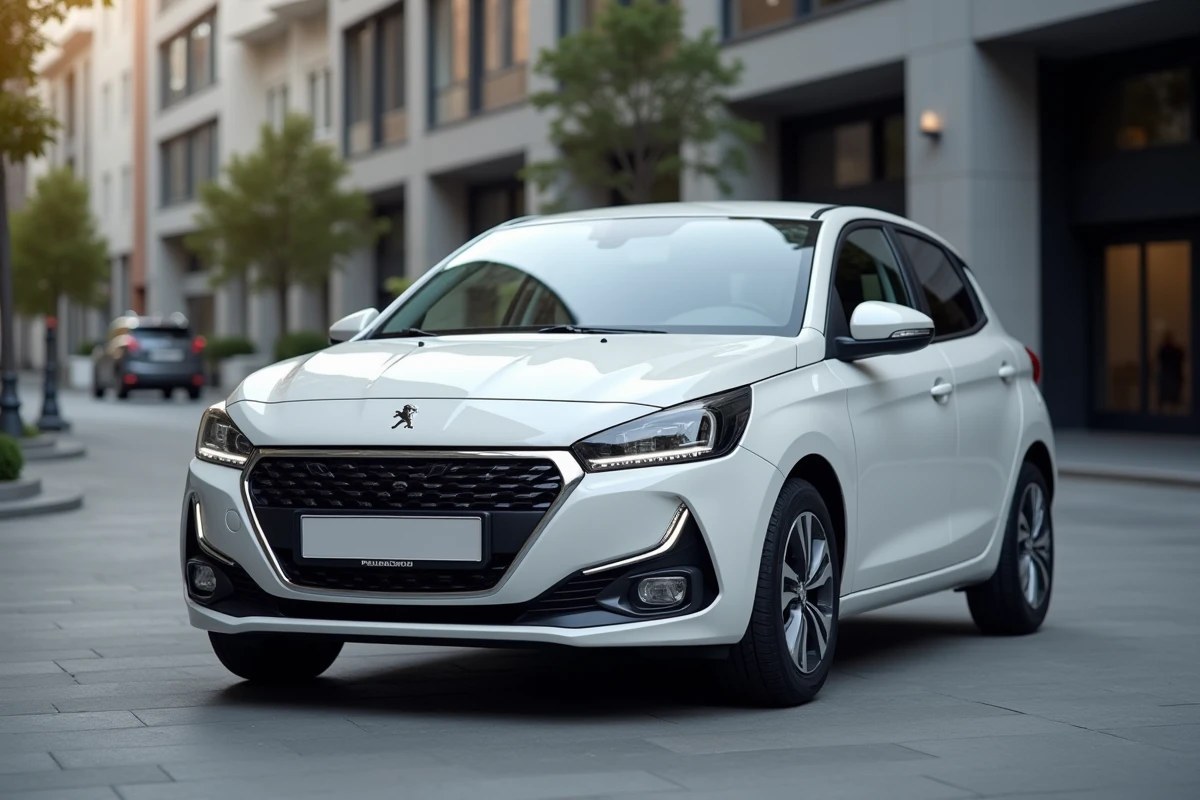 Peugeot 208 blanche stationnée en ville, vue trois quarts avant avec détails des feux LED et carrosserie sculptée