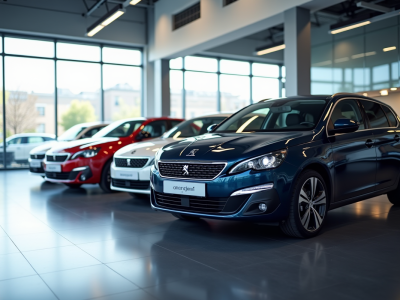 Plusieurs Peugeot 408 dans un showroom lumineux et moderne
