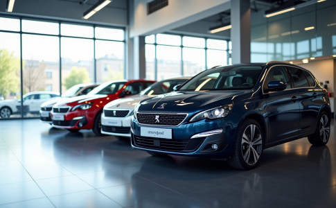 Plusieurs Peugeot 408 dans un showroom lumineux et moderne