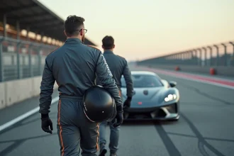 Homme en combinaison de course avec casque sous le bras près d'une voiture de sport