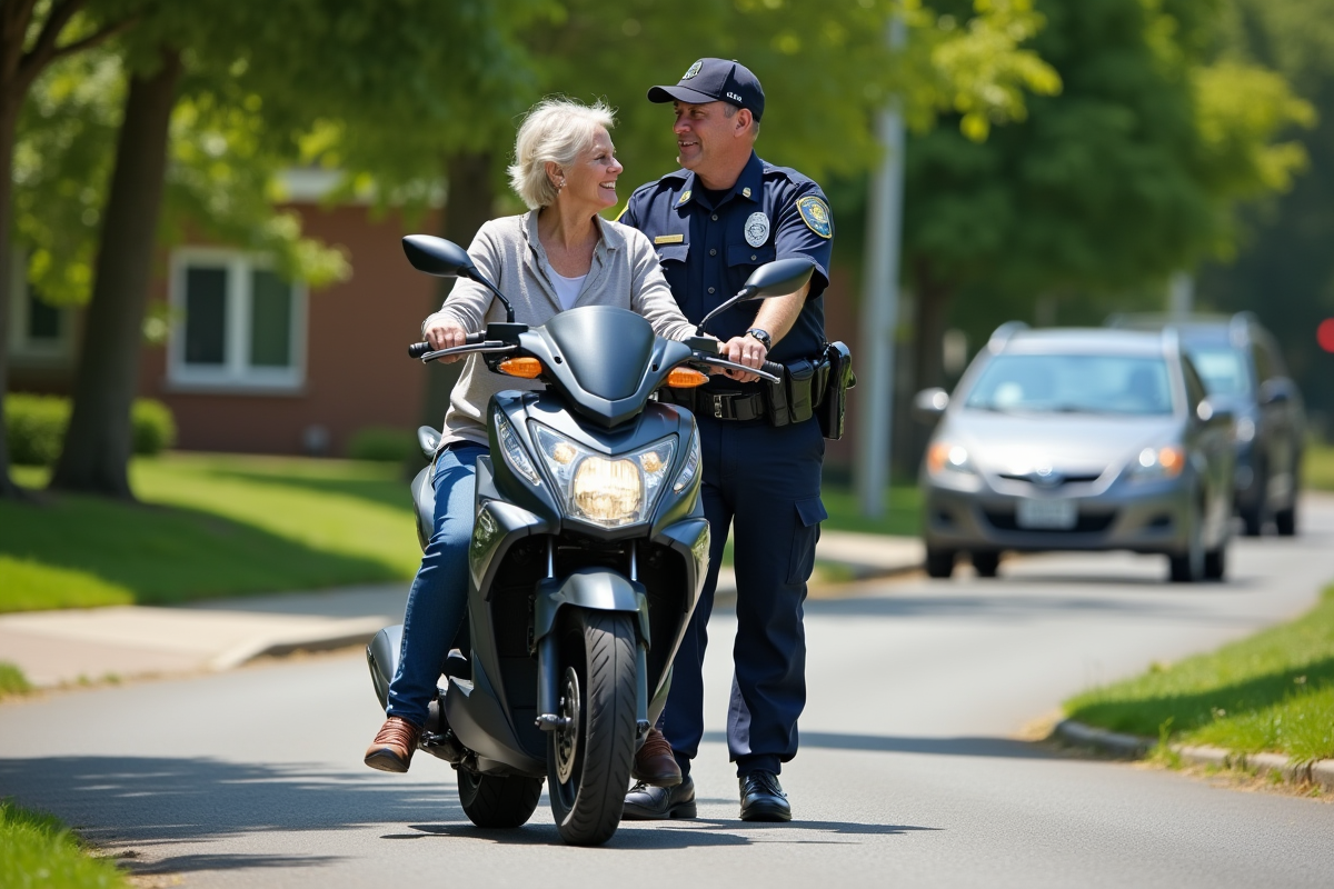 Agent de police parlant à une femme à moto dans un quartier ensoleille