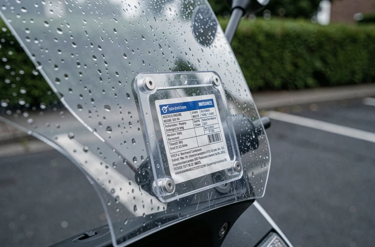 Porte-vignette assurance transparent fixé sur le pare-brise d'un scooter avec vignette visible