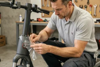 Mécanicien fixant un porte-vignette d'assurance sur la fourche d'un scooter dans un atelier