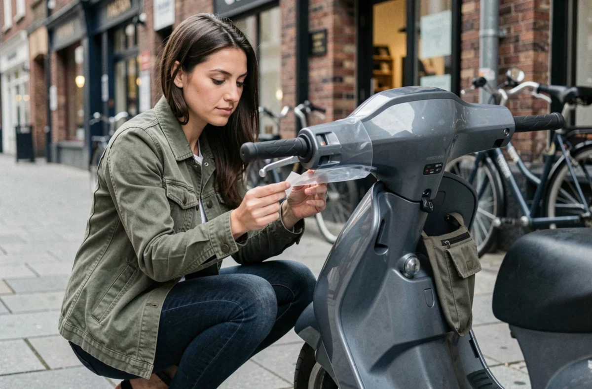 Femme fixant un porte-vignette assurance sur le guidon d'un scooter en ville