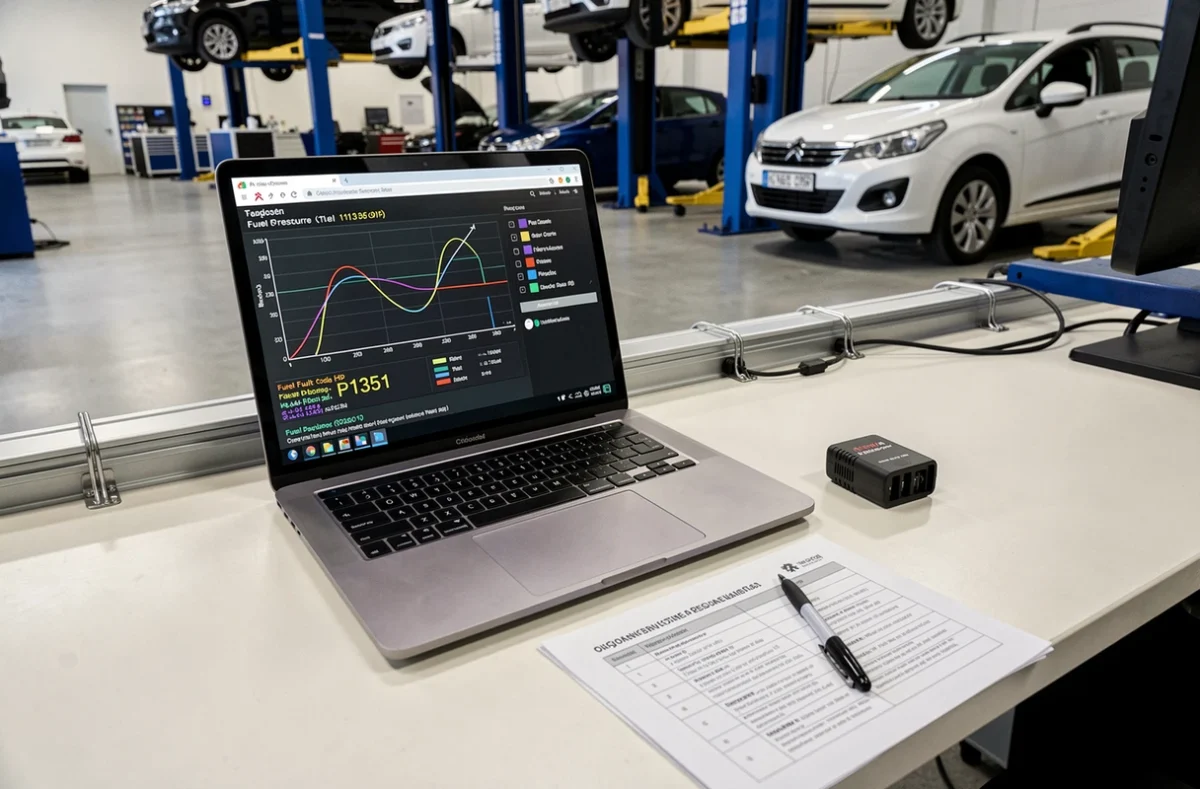 Poste de diagnostic informatisé affichant les données moteur et le code défaut 1351 HDi dans un atelier automobile moderne