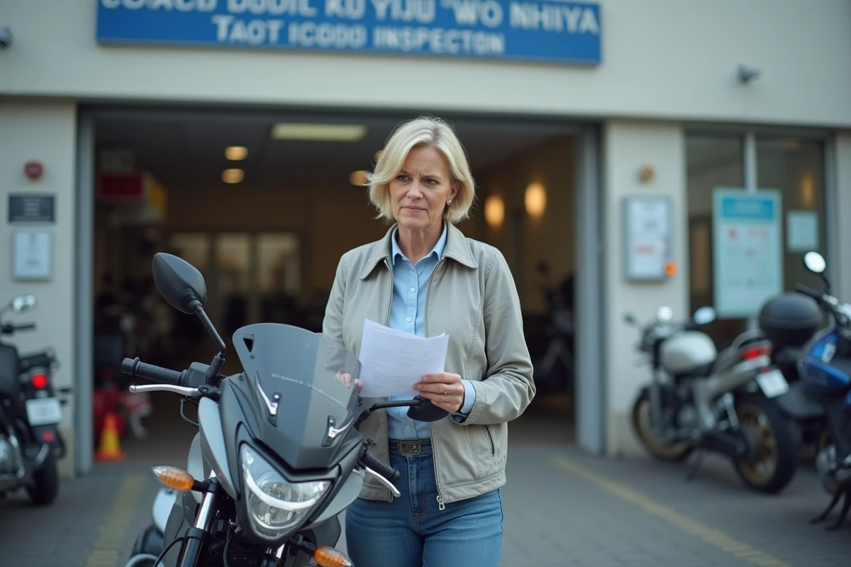 Propriétaire de moto devant un centre de contrôle technique deux-roues consultant un document officiel