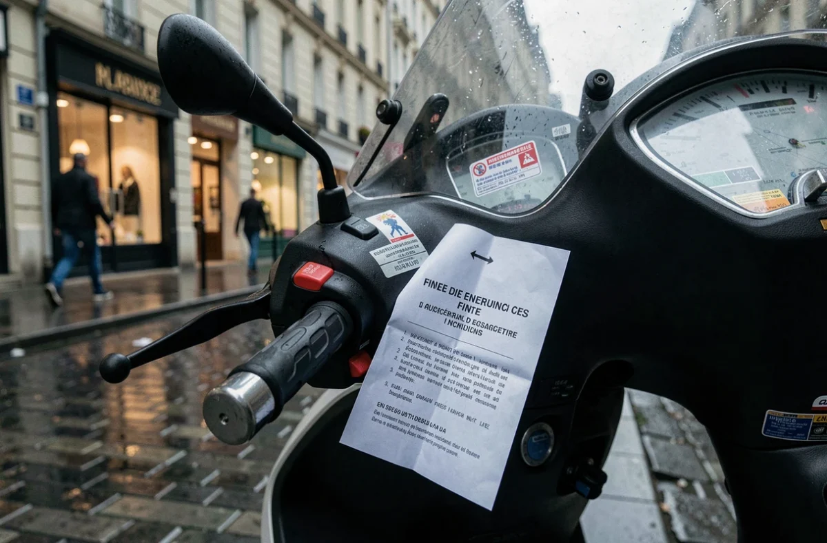 Gros plan d'un avis d'amende glissé sous le pare-brise d'un scooter non assuré sur trottoir mouillé