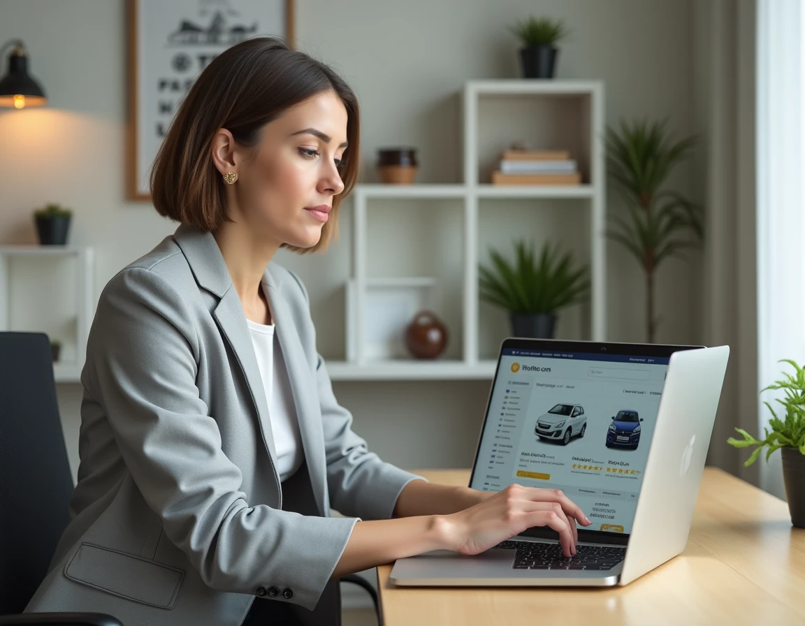 Femme recherchant une voiture d'occasion fiable en ligne depuis son bureau, utilisant une plateforme de vérification automobile