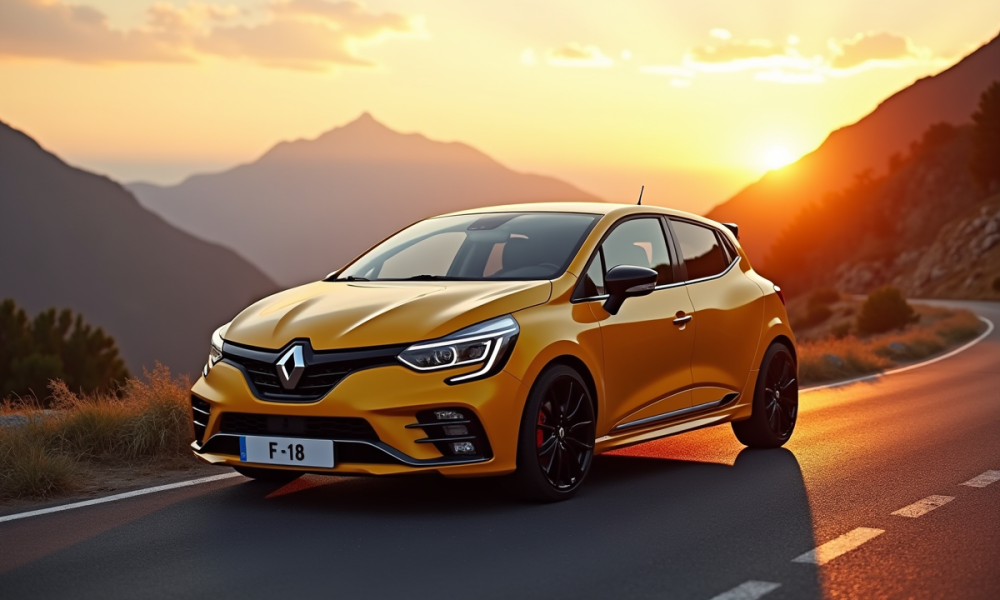 Renault Clio 2 RS sur route de montagne au lever du soleil
