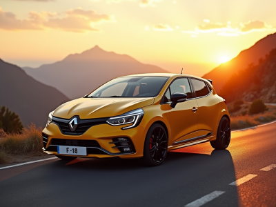 Renault Clio 2 RS sur route de montagne au lever du soleil