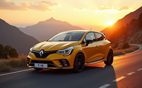 Renault Clio 2 RS sur route de montagne au lever du soleil