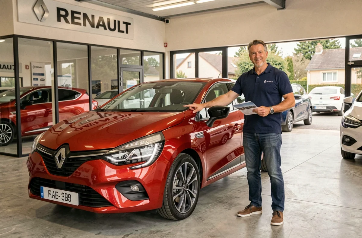 Conseiller commercial Renault présentant un véhicule neuf dans le showroom du Garage Oursel Agent